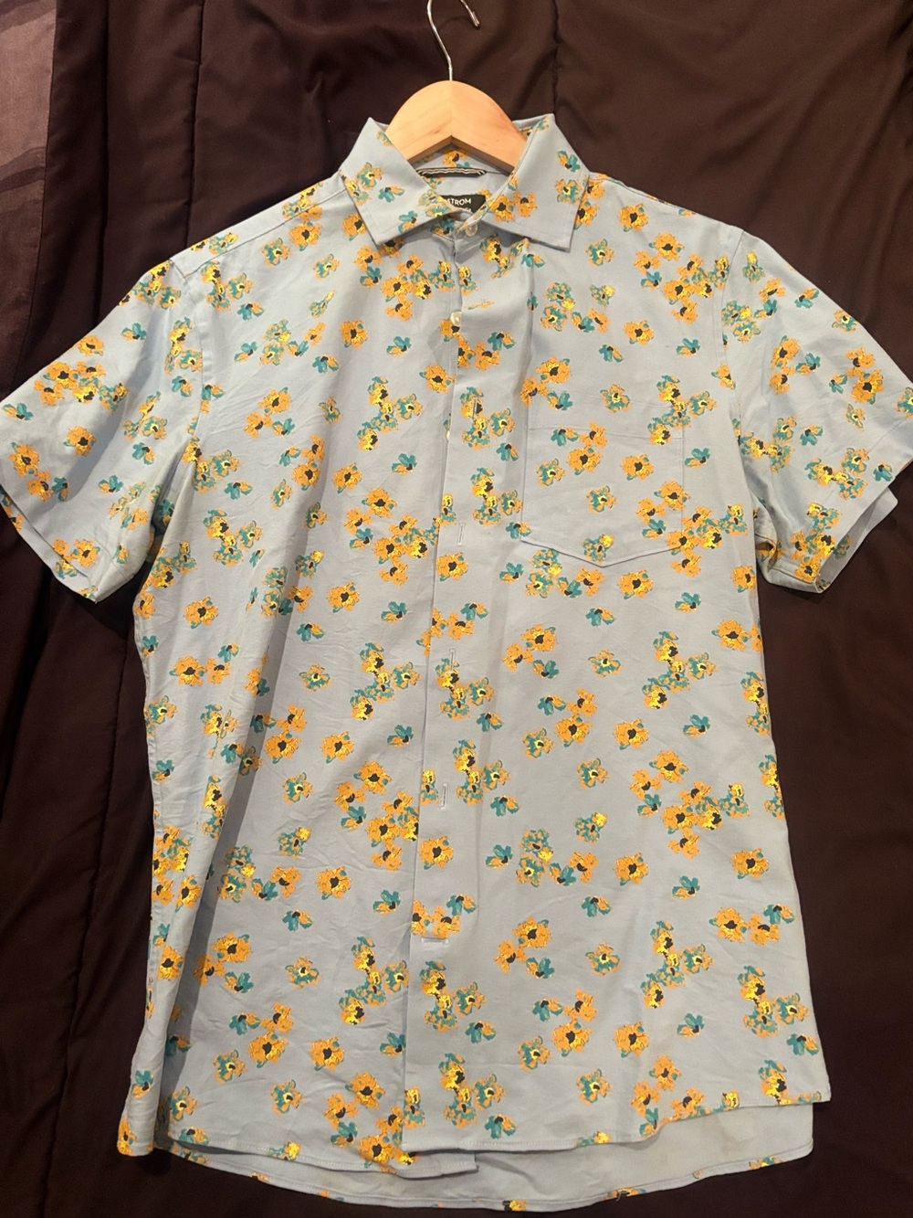 Nordstrom Light Blue Short-Sleeve Button-Down with Yellow Floral Print